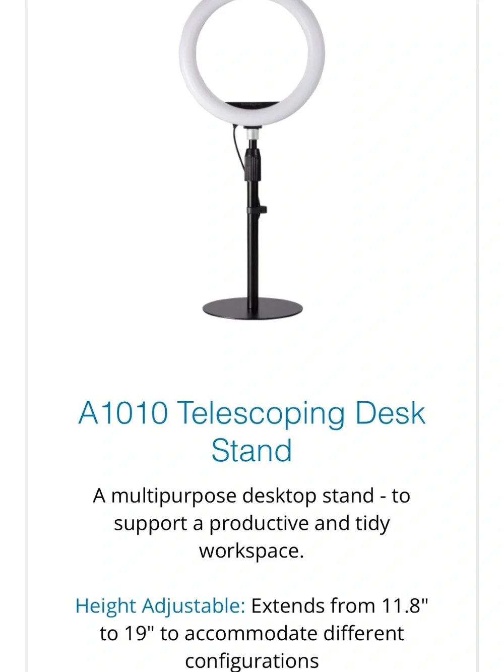 Telescoping Ring LED Light Desk Stand - Black/White- Kensington